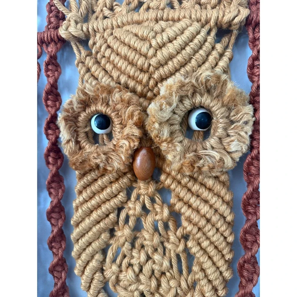 Vintage 70s Macrame Owl Wall Hanging Boho Fiber Art Terracotta Mustard Rust